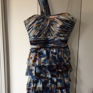 Gorgeous Matthew Williamson, auth. 100% silk dress, EUC, blue multicolour; US 2